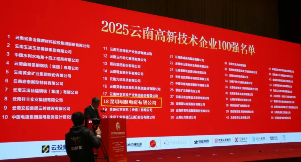 昆明明超电缆集团荣获 “2025云南企业100强、制造业企业100强、高新技术企业100强” 荣誉称号